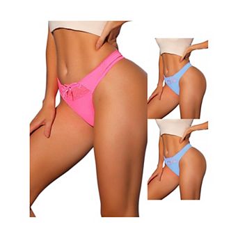 3 Packs Women's Low-waisted Satin Bikini Panties Elastic Lace Waist Thongs Underwear