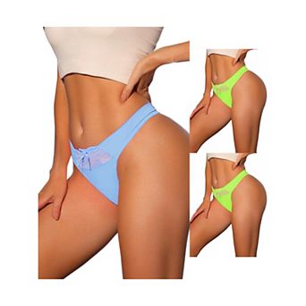3 Packs Women's Low-waisted Satin Bikini Panties Elastic Lace Waist Thongs Underwear