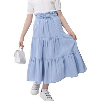 Maxi Ruffled Skorts for Girls Button Front High Waisted Long Skirt with Belt and Pocket