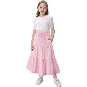 Maxi Ruffled Skorts for Girls Button Front High Waisted Long Skirt with Belt and Pocket