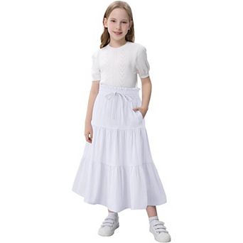Maxi Ruffled Skorts for Girls Button Front High Waisted Long Skirt with Belt and Pocket