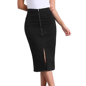 Maxi Denim Skirt For Women's Front Slit Zipper High Waist Bodycon Jean Skirt