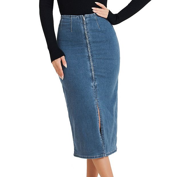 Maxi Denim Skirt for Women's Front Slit Zipper High Waist