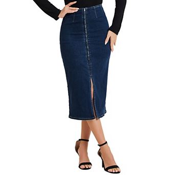 Maxi Denim Skirt For Women's Front Slit Zipper High Waist Bodycon Jean Skirt
