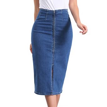 Maxi Denim Skirt For Women's Front Slit Zipper High Waist Bodycon Jean Skirt