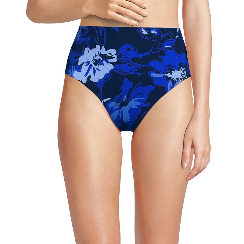 Women's Lands' End Smoothing High Waisted Bikini Bottoms, Size: 16, Deep  Blue Floral
