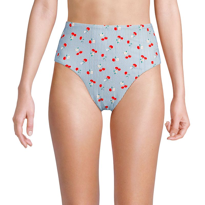 Women's Lands' End Smoothing High Waisted Bikini Bottoms, Size: 10, Dusk Red Stripe