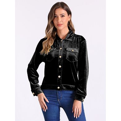 Velvet Jacket for Women's Button Up Long Sleeve Crop Jacket