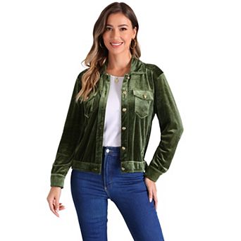 Velvet Jacket for Women's Button Up Long Sleeve Crop Jacket