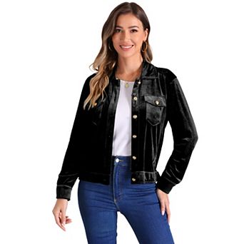 Velvet Jacket for Women's Button Up Long Sleeve Crop Jacket