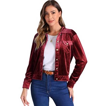 Velvet Jacket for Women's Button Up Long Sleeve Crop Jacket