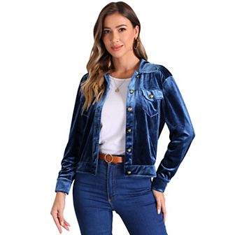 Velvet Jacket for Women's Button Up Long Sleeve Crop Jacket