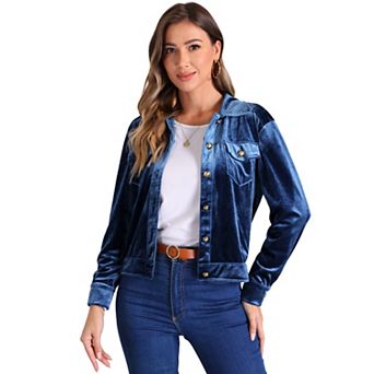 Velvet Jacket for Women's Button Up Long Sleeve Crop Jacket