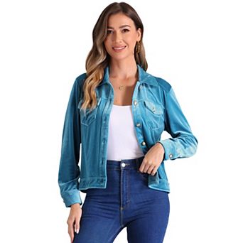 Velvet Jacket for Women's Button Up Long Sleeve Crop Jacket