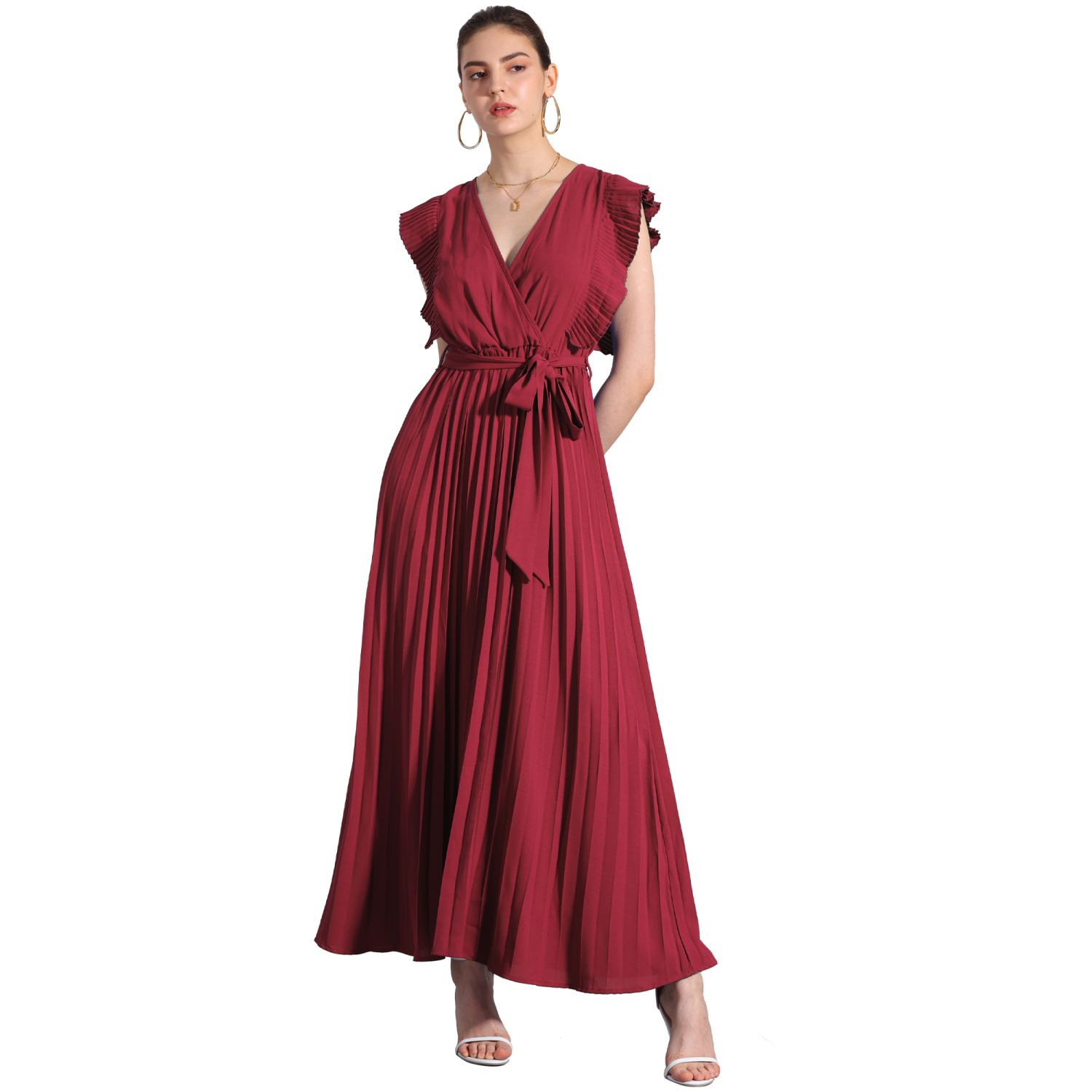 Женские платья Midi Dresses For Wrap V Neck Sleeeveless Pleated Dress