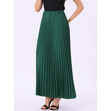 Women's Elastic High Waist Flowy Pleated Maxi Skirt With Belt