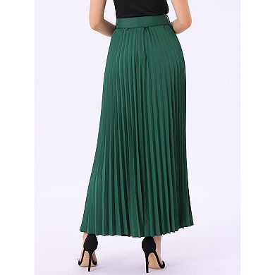 Women's Elastic High Waist Flowy Pleated Maxi Skirt With Belt