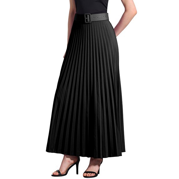 Women's Elastic High Waist Flowy Pleated Maxi Skirt with Belt