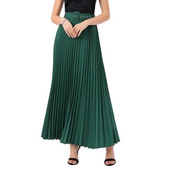 Women's Elastic High Waist Flowy Pleated Maxi Skirt with Belt
