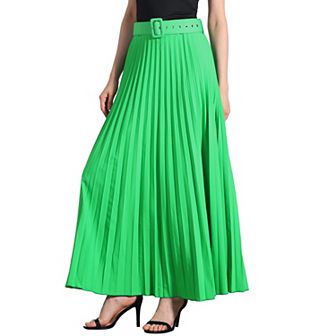 Women's Elastic High Waist Flowy Pleated Maxi Skirt With Belt
