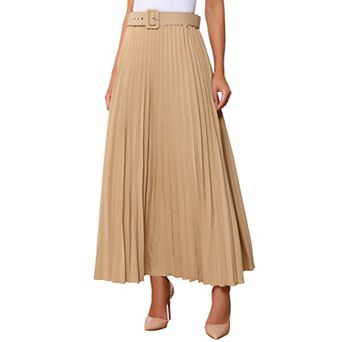Women's Elastic High Waist Flowy Pleated Maxi Skirt with Belt