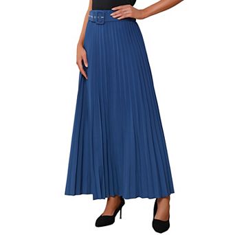 Women's Elastic High Waist Flowy Pleated Maxi Skirt with Belt