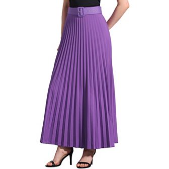 Women's Elastic High Waist Flowy Pleated Maxi Skirt With Belt