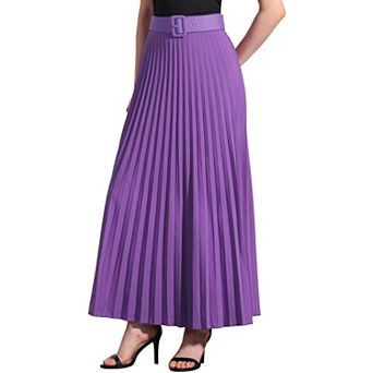 Women's Elastic High Waist Flowy Pleated Maxi Skirt with Belt