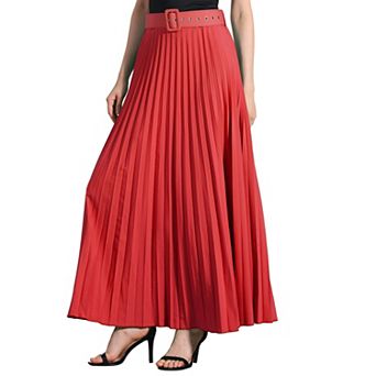 Women's Elastic High Waist Flowy Pleated Maxi Skirt with Belt