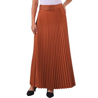 Women's Elastic High Waist Flowy Pleated Maxi Skirt with Belt