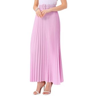 Women's Elastic High Waist Flowy Pleated Maxi Skirt With Belt