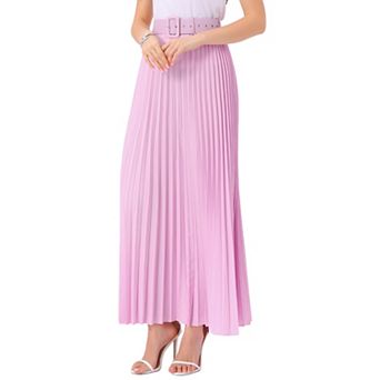 Women's Elastic High Waist Flowy Pleated Maxi Skirt with Belt