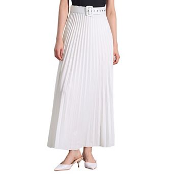 Women's Elastic High Waist Flowy Pleated Maxi Skirt with Belt