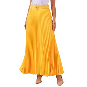 Women's Elastic High Waist Flowy Pleated Maxi Skirt with Belt
