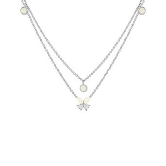 PRIMROSE Fine Silver Plated Lab-Created Opal And Cubic Zirconia Butterfly Double Layer Necklace