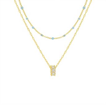 PRIMROSE 14k Gold Flash Plated Cubic Zirconia Rondelle & Simulated Turquoise Bead Double Strand Necklace