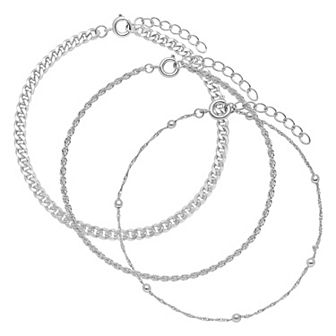 PRIMROSE Fine Silver Plated Singapore Bead Station Bracelet, Rope Bracelet, And Curb Bracelet 3 pc Set