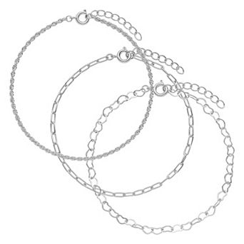 PRIMROSE Fine Silver Plated Rope Bracelet, Heart Link Bracelet, And Paperclip Link Bracelet 3 pc Set