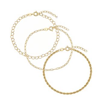 PRIMROSE Fine Silver Plated Rope Bracelet, Heart Link Bracelet, And Paperclip Link Bracelet 3 pc Set
