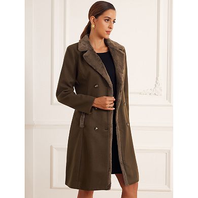 Faux Fur Lapel Coat For Women's Fashion Double-breasted Winter Warm Pea Coats