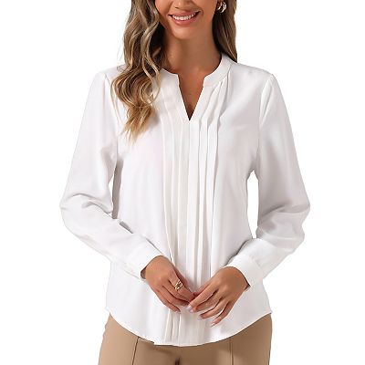 Pleated Shirt For Women s Formal Long Sleeve Business Office V Neck Casual Blouse