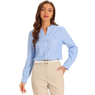 V Neck Blouse For Women's Striped Button Down Long Sleeve
