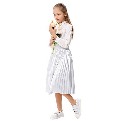 Girls Skirts Midi Pleated Flared Long Skirt A-line Flared High Waist Metallic Shiny Shimmer
