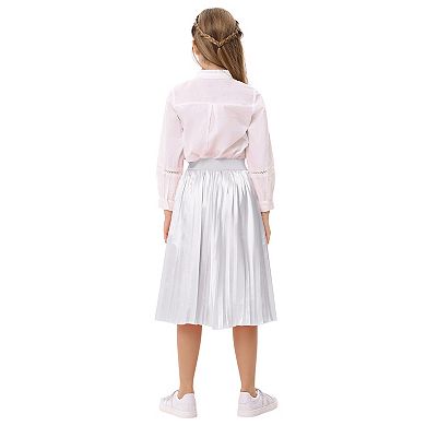 Girls Skirts Midi Pleated Flared Long Skirt A-line Flared High Waist Metallic Shiny Shimmer
