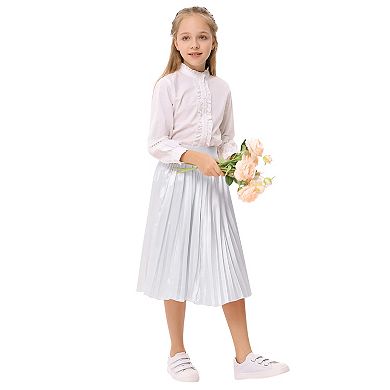 Girls Skirts Midi Pleated Flared Long Skirt A-line Flared High Waist Metallic Shiny Shimmer