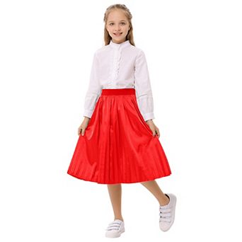 Girls Skirts Midi Pleated Flared Long Skirt A-line Flared High Waist Metallic Shiny Shimmer