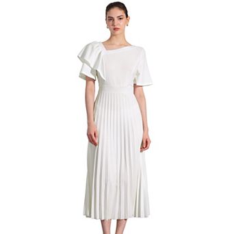 Women's Asymmetrical Neck Pleated Hem Midi Dress