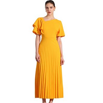 Women's Asymmetrical Neck Pleated Hem Midi Dress