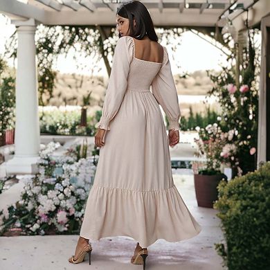 Women's Square Neck Shirred Ruffle Hem Long Sleeve Maxi Dress