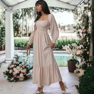 Women's Square Neck Shirred Ruffle Hem Long Sleeve Maxi Dress